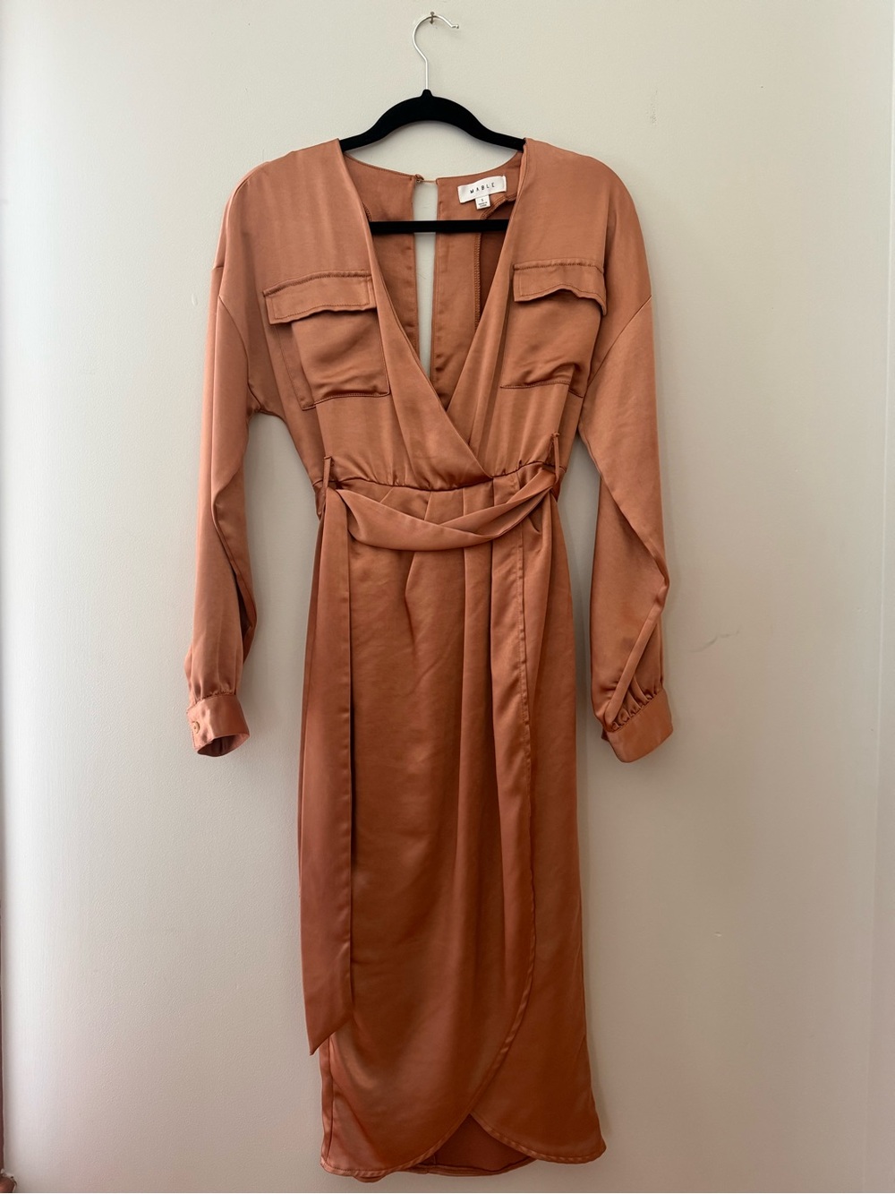 SAYLOR Rust Satin Wrap Midi Dress with Belt
